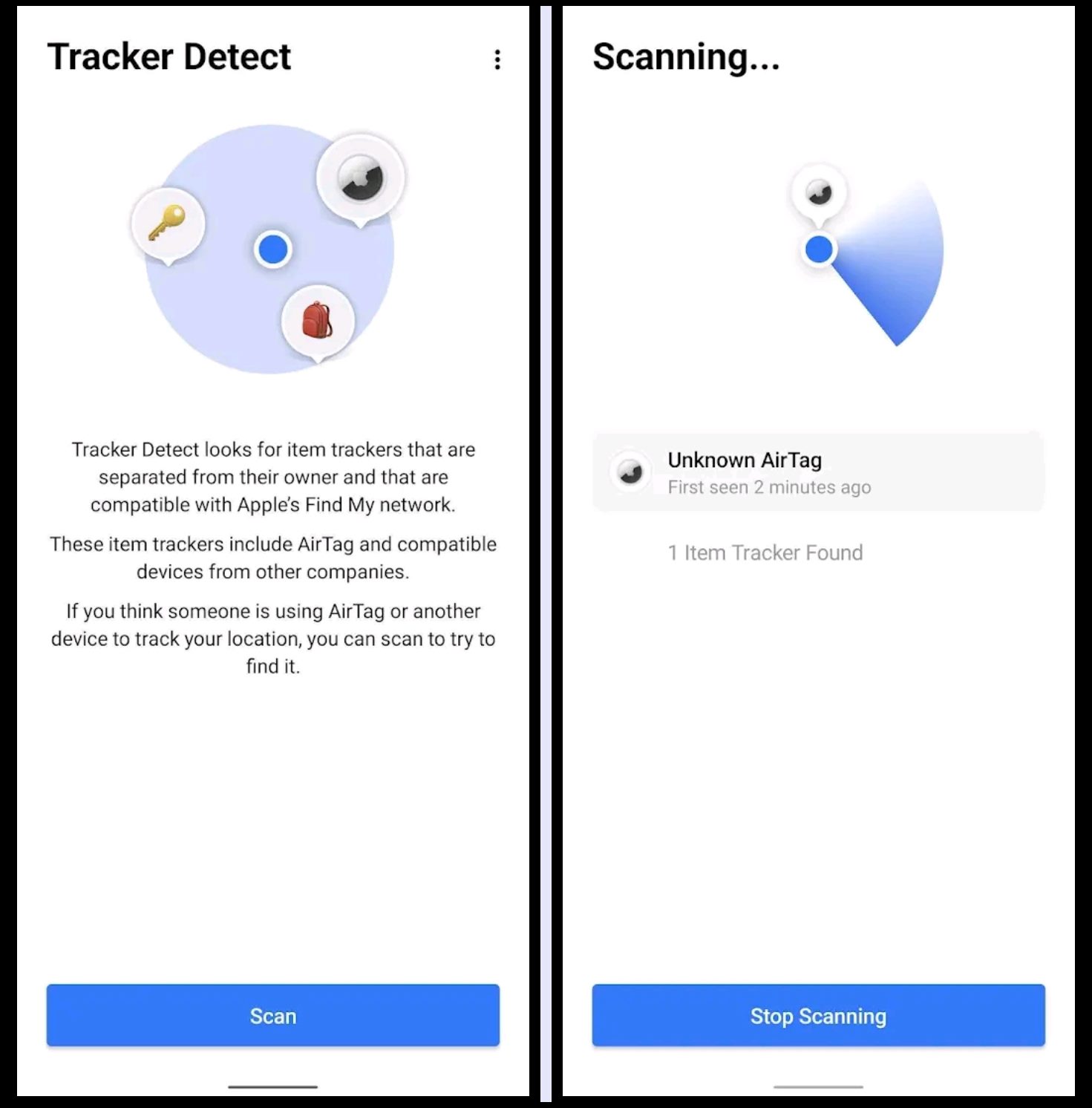 Track AirTags with Android: This image shows 2 screenshots of the Tracker Detect app - One displaying the Tracker Detect app's home screen, another displaying the scanning process in progress.