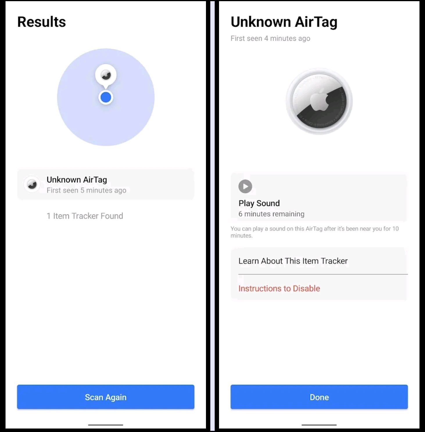 Track AirTags with Android: This image shows 2 screenshots of the Tracker Detect app - One displaying the Tracker Detect app's Results screen, another displaying a completed scan result which shows an unknown AirTag detected.