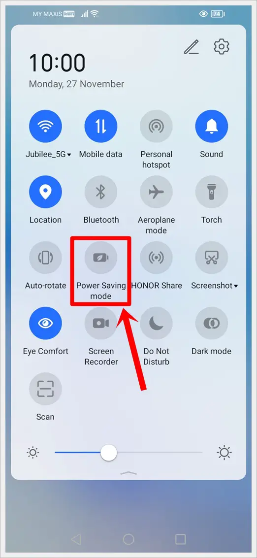 How to Fix Google Find My Device Not Working: This image shows the quick settings panel of an Android device. The "Power Saving Mode" Icon is highlighted.