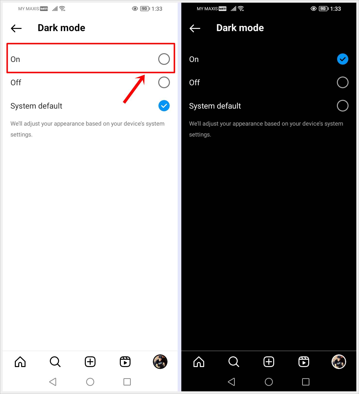 This image displays two screenshots, showcasing the transition of the Instagram Android app from light mode to dark mode.