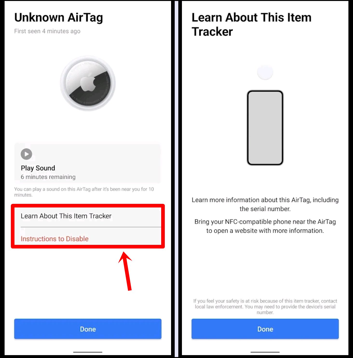 Track AirTags with Android: This image shows 2 screenshots of the Tracker Detect app - One displaying the Unknown AirTag screen with the "Learn About This Item Tracker" option highlighted, another displaying the Learn About This Item Tracker screen.
