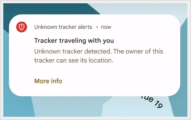 This image shows a notification received from Unknown Tracker Alerts signaling an unknown tracker detected.