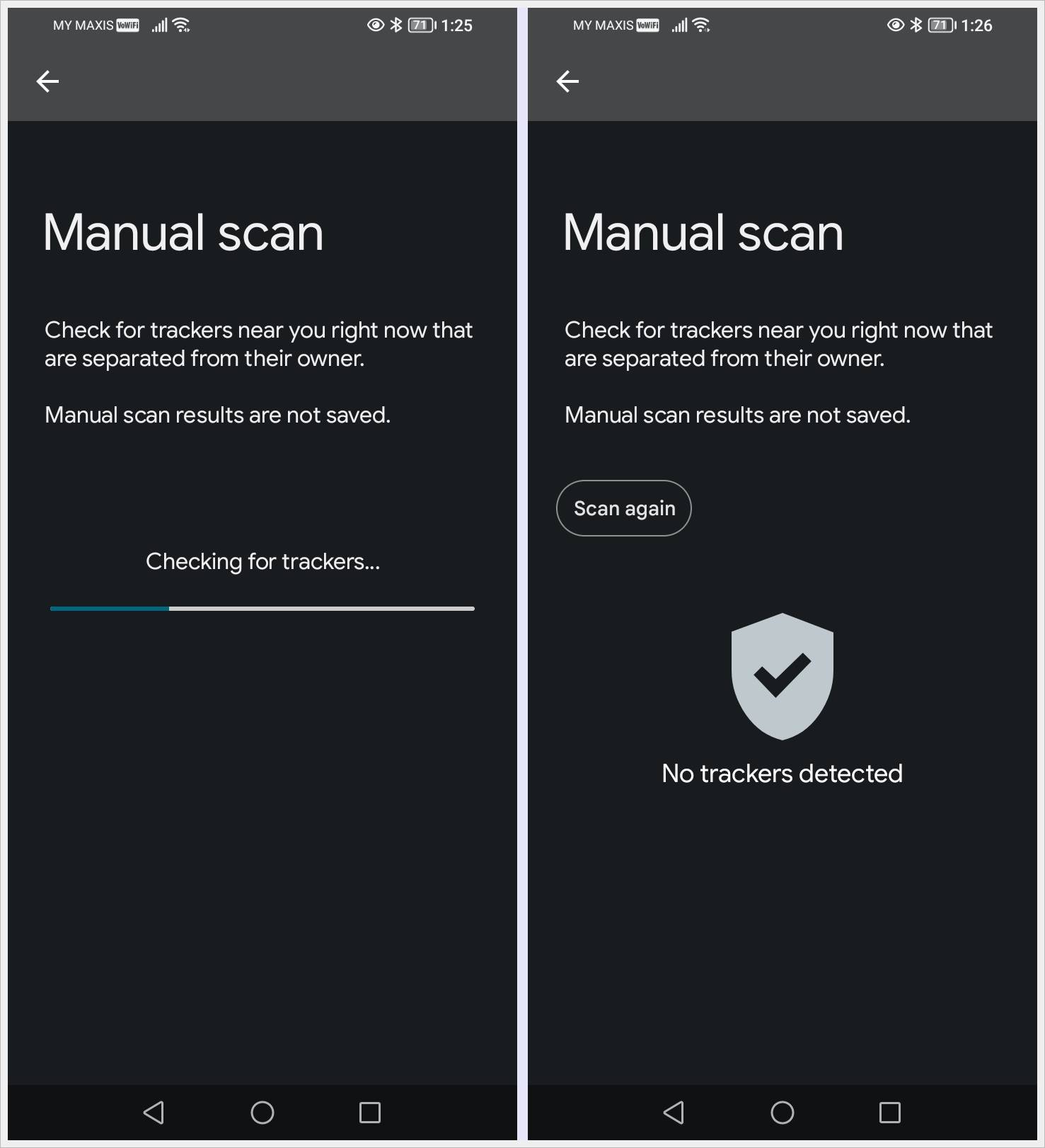 How to Track Unknown Apple AirTags With an Android: This image displays two screenshots of Unknown Tracker Alerts Manual Scan – one showing a manual scan in progress and the other indicating a completed scan.
