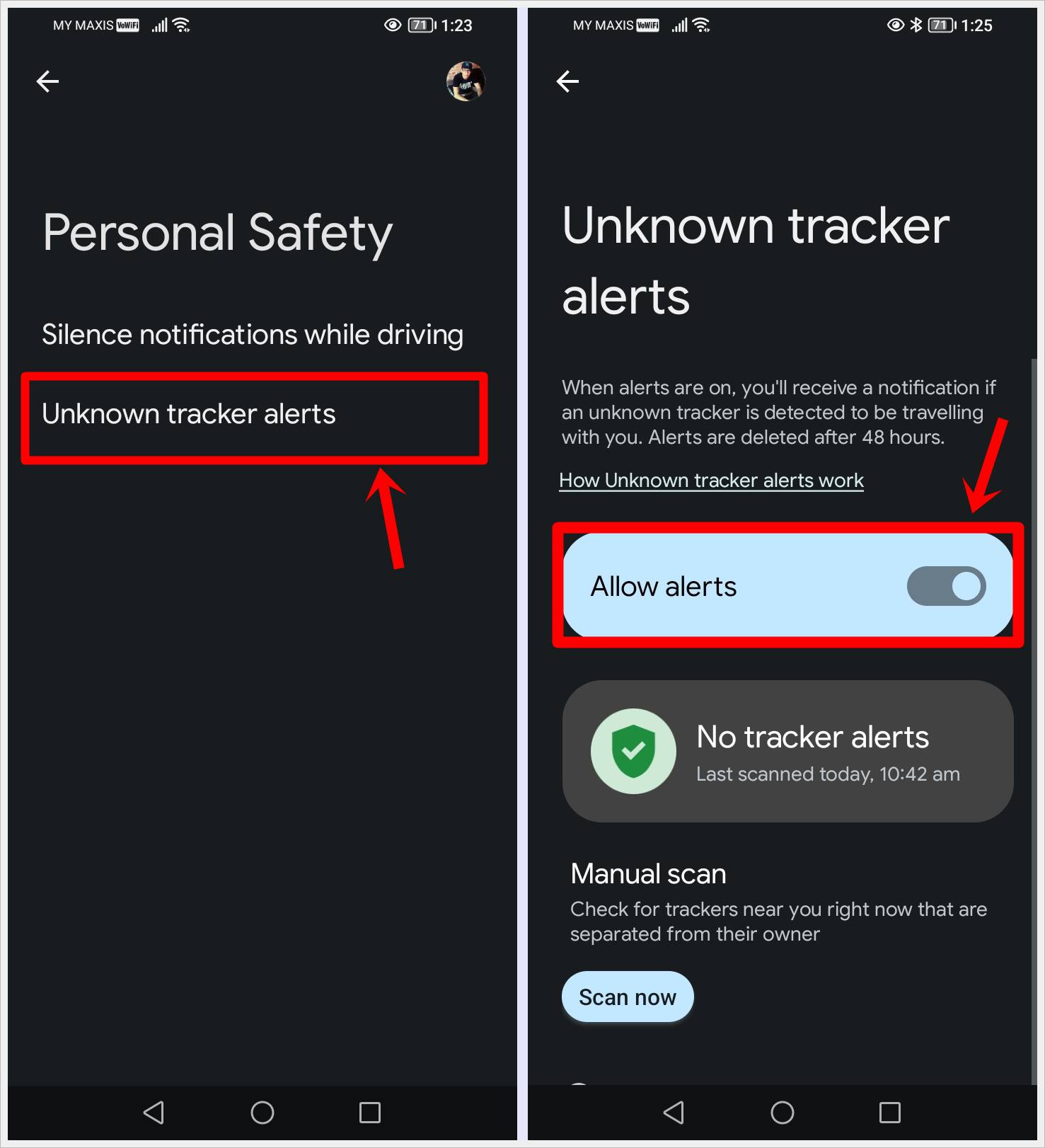 How to Track Unknown Apple AirTags With an Android: This image shows two screenshots taken from an Android device, with the 'Unknown tracker alerts' and 'Allow alerts' options highlighted on each screenshot, respectively.