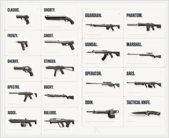 Valorant Weapon Guide - This image displays all the available weapon types in Valorant.