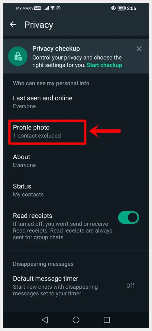 How to Hide WhatsApp Profile Picture: This image shows the WhatsApp's Privacy page on an Android phone with the 'Profile photo' option highlighted.