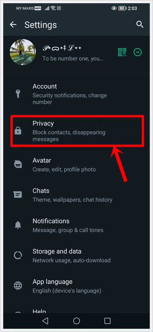 Hide WhatsApp Profile Picture: This image shows a screenshot of WhatsApp Settings on Android. The Privacy option is highlighted.