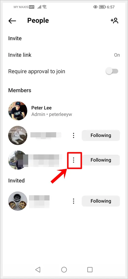 This image shows the People/Members screen. The 3 Vertical Dot next to the person to be removed is highlighted.