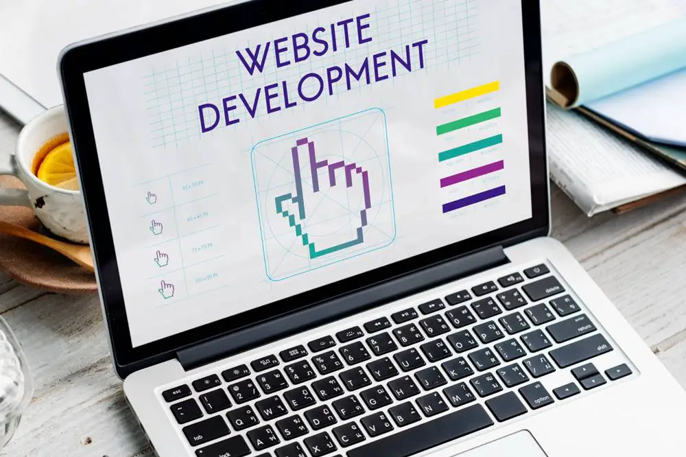 Maximizing the Impact of Your Corporate Website: The image depicts a laptop with its screen displaying 'Website Development.'