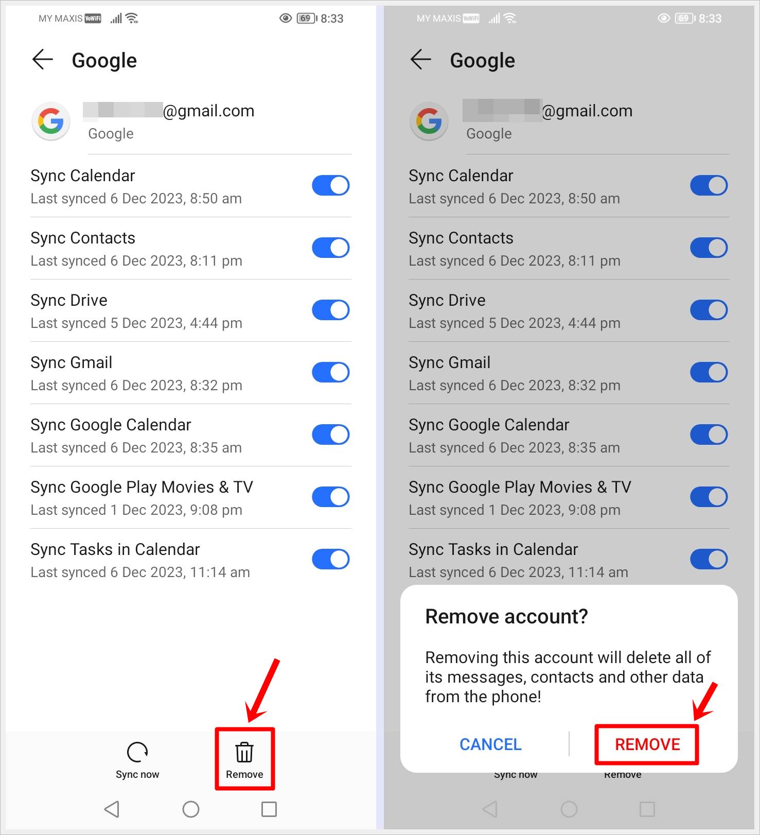 How to Fix "Google Play Services Keeps Stopping" Error: This image displays two screenshots of the "Google" page on an Android phone: one with the "Remove" icon in the bottom highlighted, while the other highlights the "Confirm remove" option.