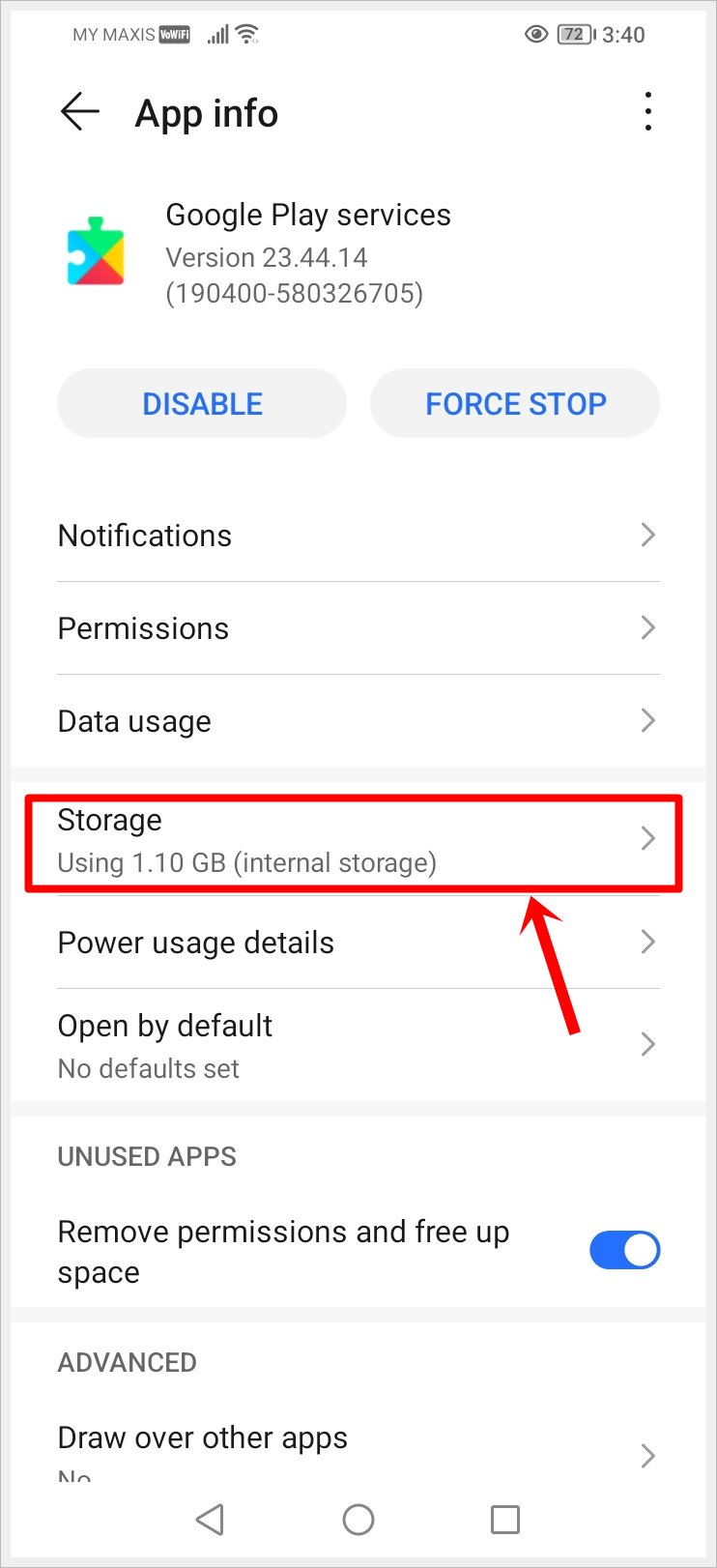 This image shows the 'Google Play services' app info. The 'Storage' option is highlighted.