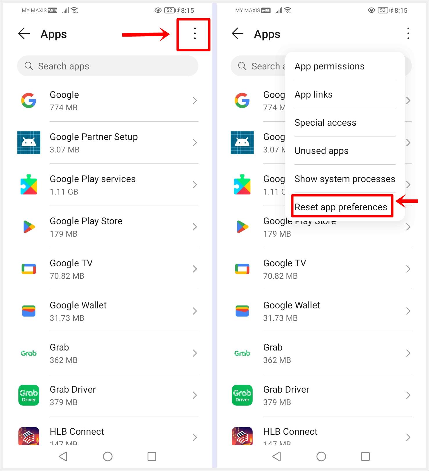 This image shows 2 screenshots of the "Apps" page on an Android phone, with one highlighting the 3 Vertical Dots menu, while the other highlighting the "Reset app preferences" option respectively. 