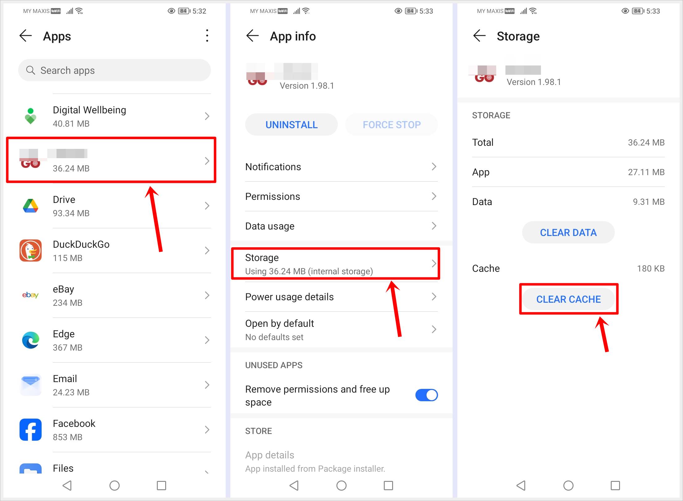 This image shows steps to perform the 'Clear App Cache' action on an Android phone. It shows the steps in selecting an app to the final step of clearing its cache.