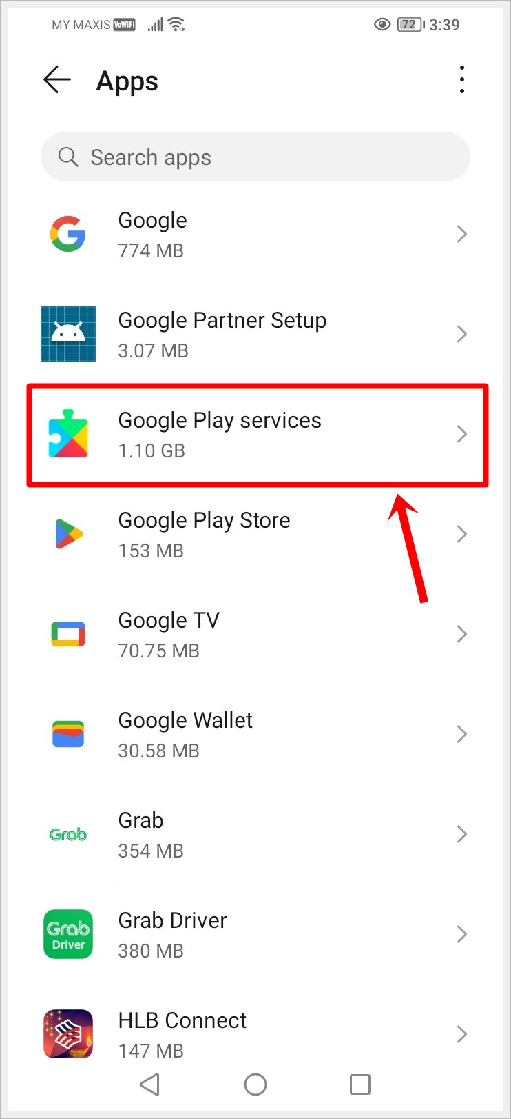 This image shows the Apps screen of an Android phone, with the 'Google Play services' option highlighted.