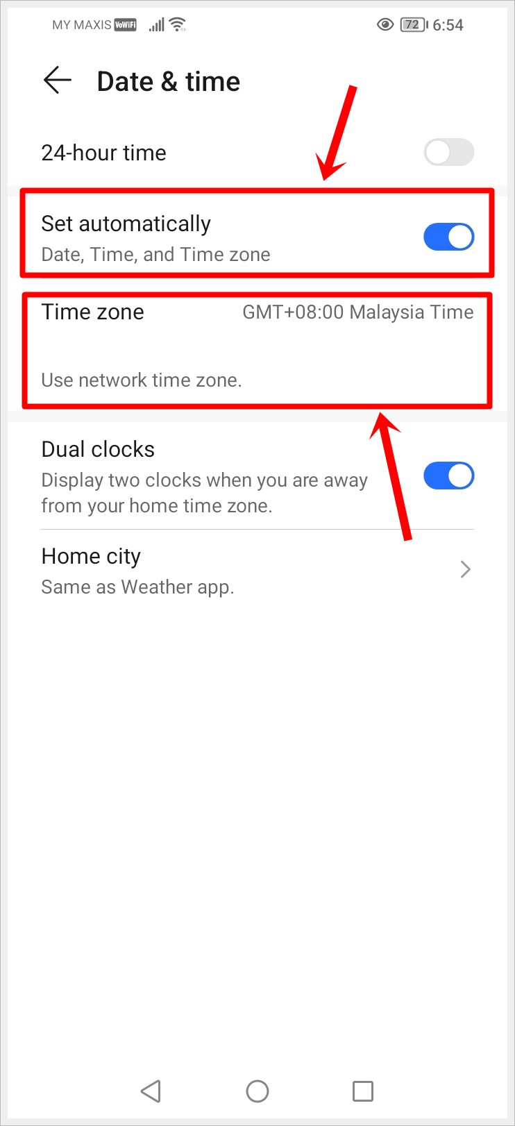 How to Fix "Google Play Services Keeps Stopping" Error: This image shows the "Date & time" page of an Android phone, with the "Set Date, Time, and Time zone" option highlighted.