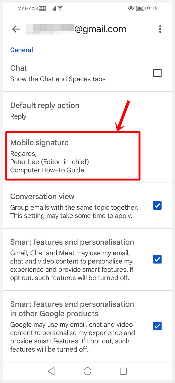 This image shows the selected Google account's 'General' page on an Android phone. The 'Mobile signature' option is highlighted.