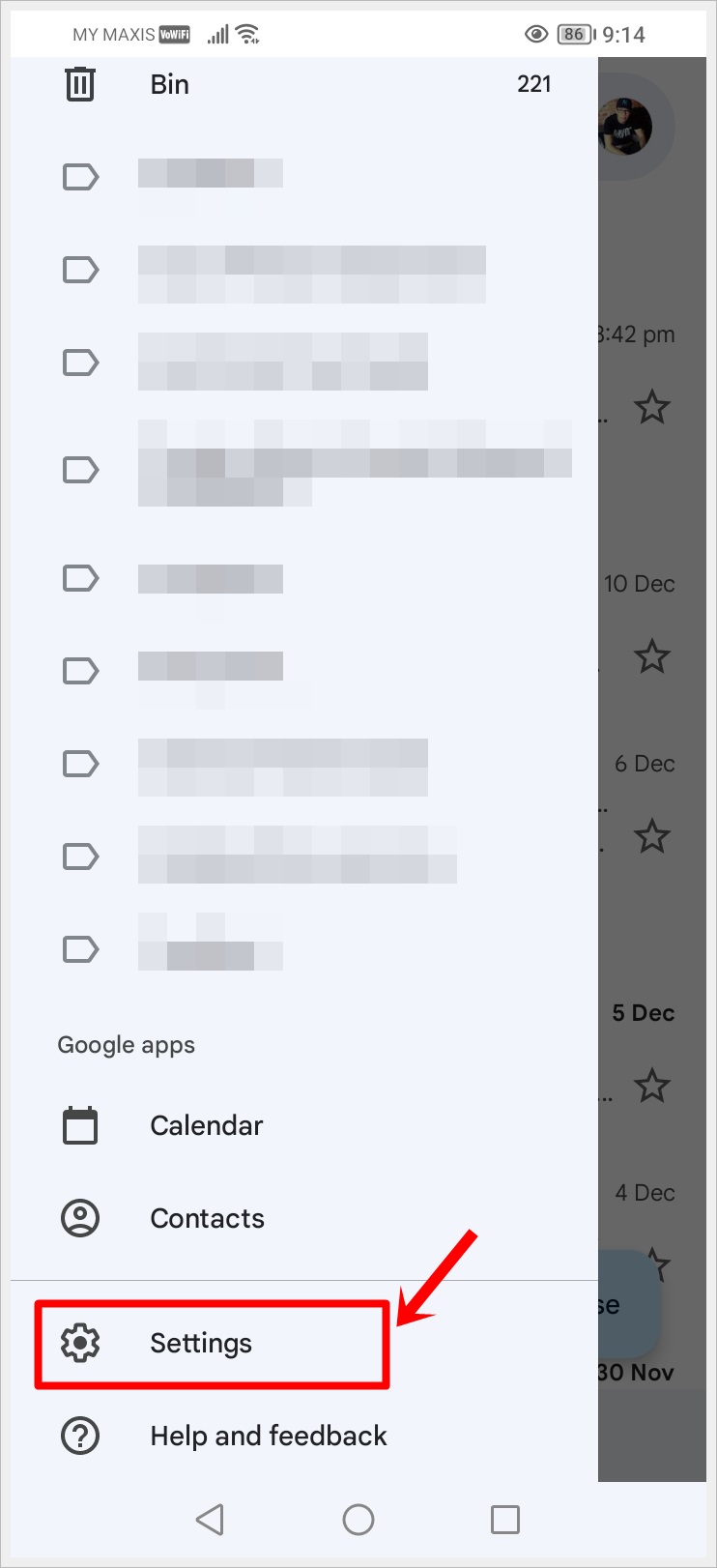 This image shows the Gmail app's menu on an Android phone, with the 'Settings' option highlighted.