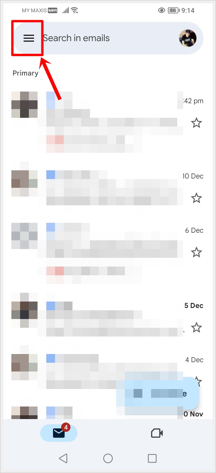 This image shows the Gmail app's primary inbox page on an Android phone, with the 'Three Horizontal Lines' icon in the top-left corner highlighted.