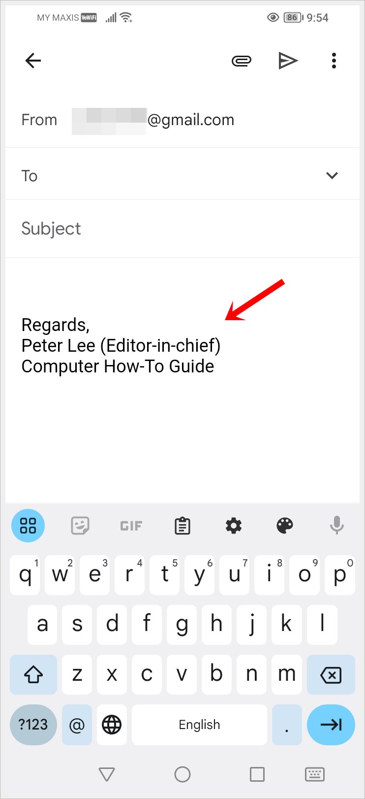 This image displays a screenshot of composing a Gmail email, with the default Gmail mobile signature highlighted.