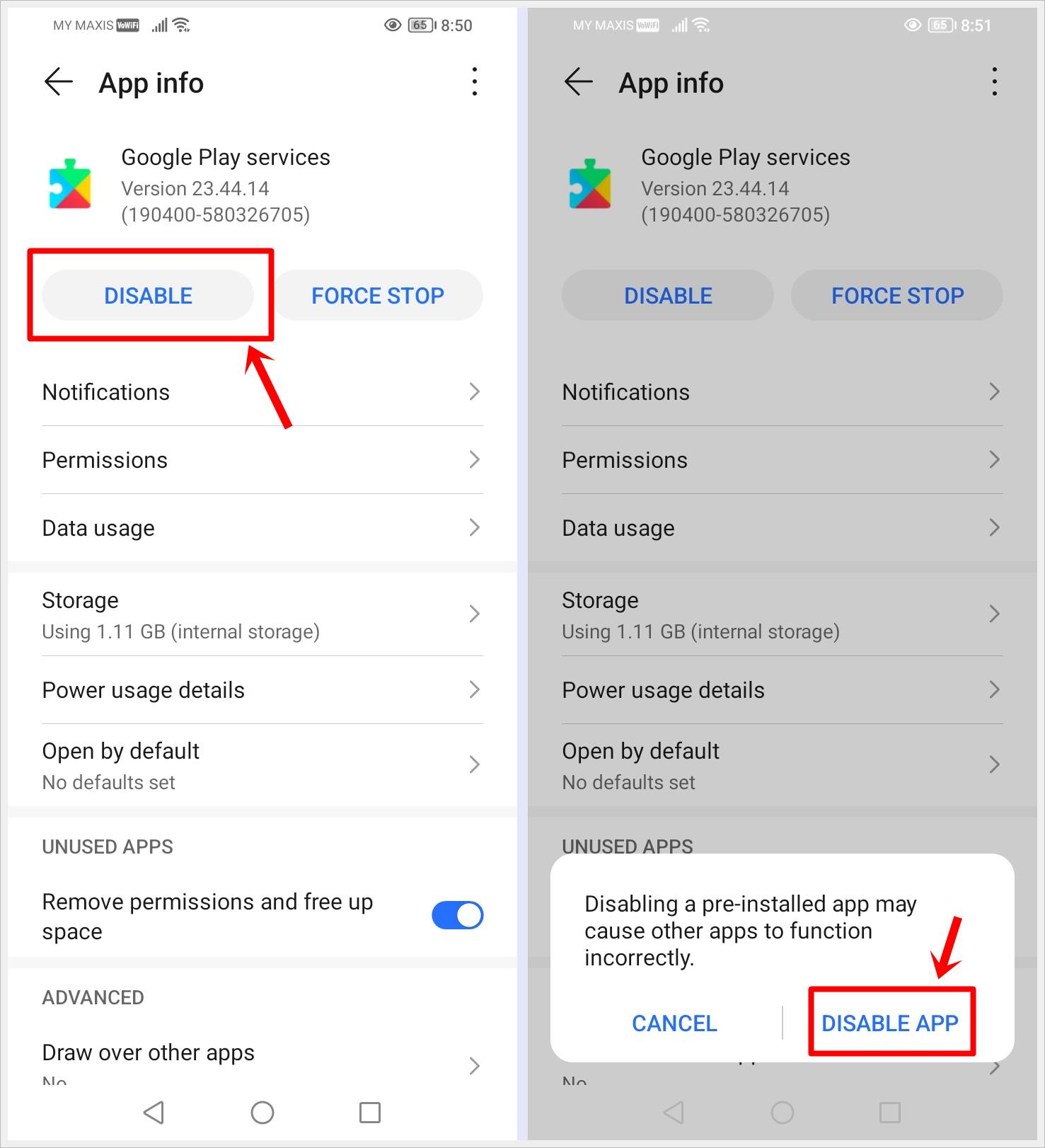 How to Fix "Google Play Services Keeps Stopping" Error: This image shows 2 screenshots of the "Google Play Services" App info page: One shows the "DISABLE" button is highlighted, while the other shows a confirmation alert with the "DISABLE APP" option highlighted.