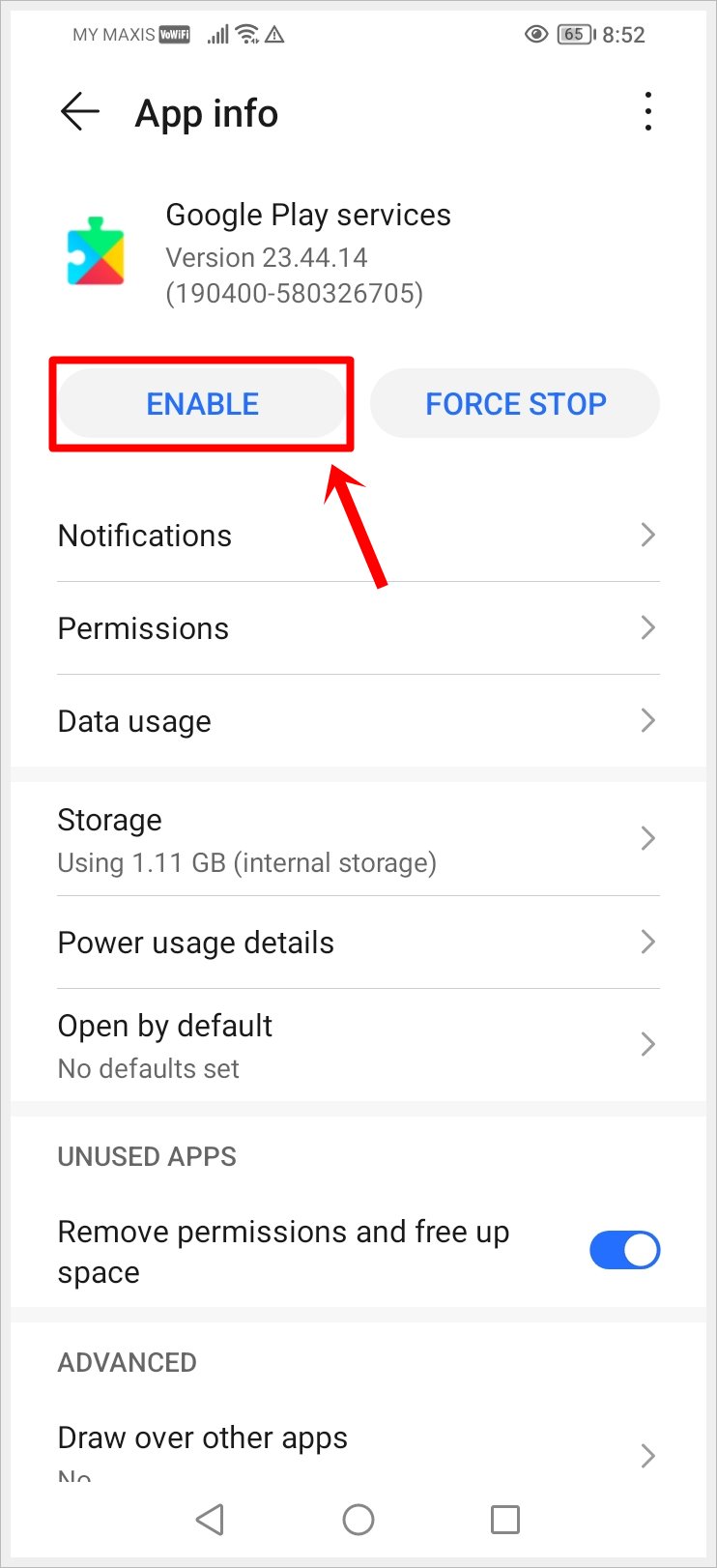 How to Fix "Google Play Services Keeps Stopping" Error: This image shows the "Google Play Services" App info page with the "ENABLE" button highlighted.