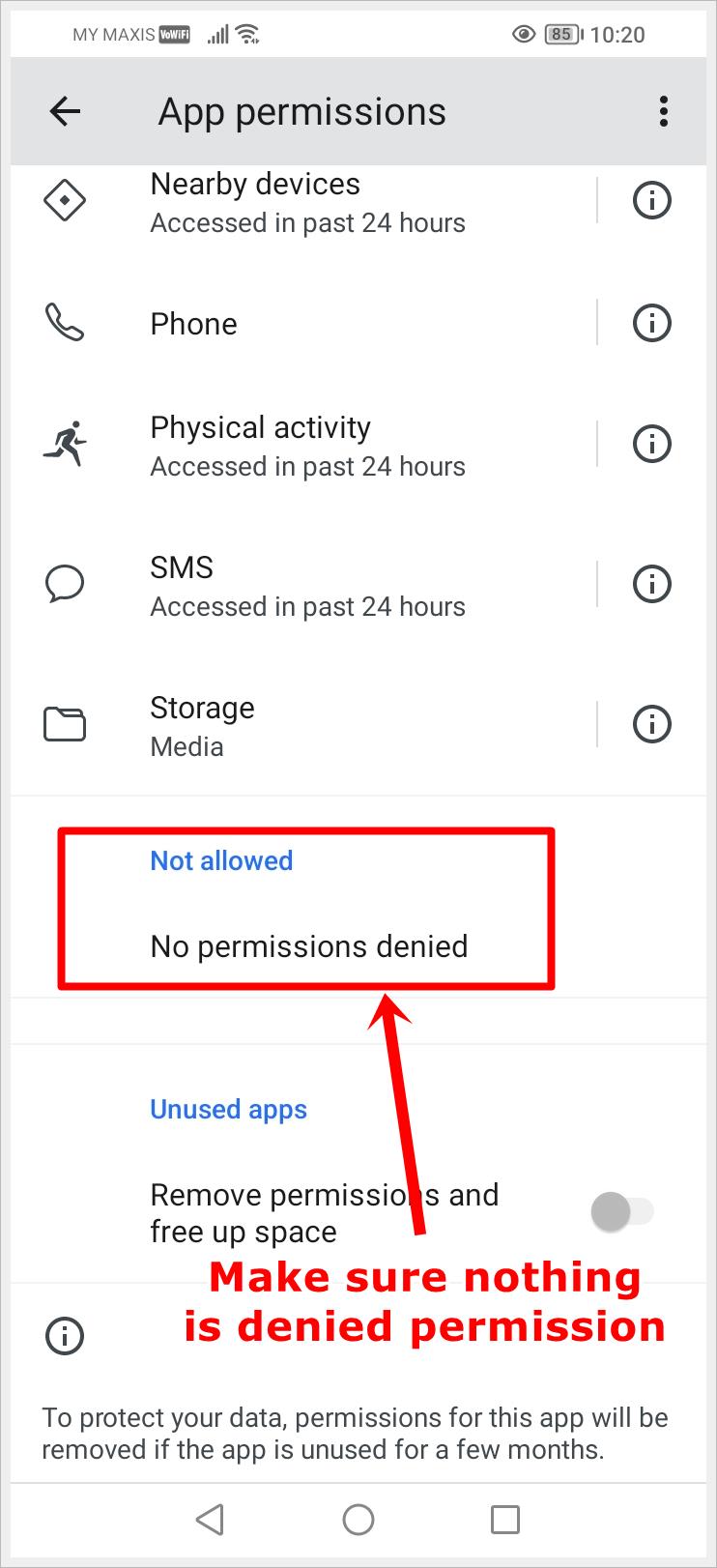 How to Fix "Google Play Services Keeps Stopping" Error: This image displays the Google Play Services App permissions page with the "Not allowed" section highlighted, indicating "No permissions denied."
