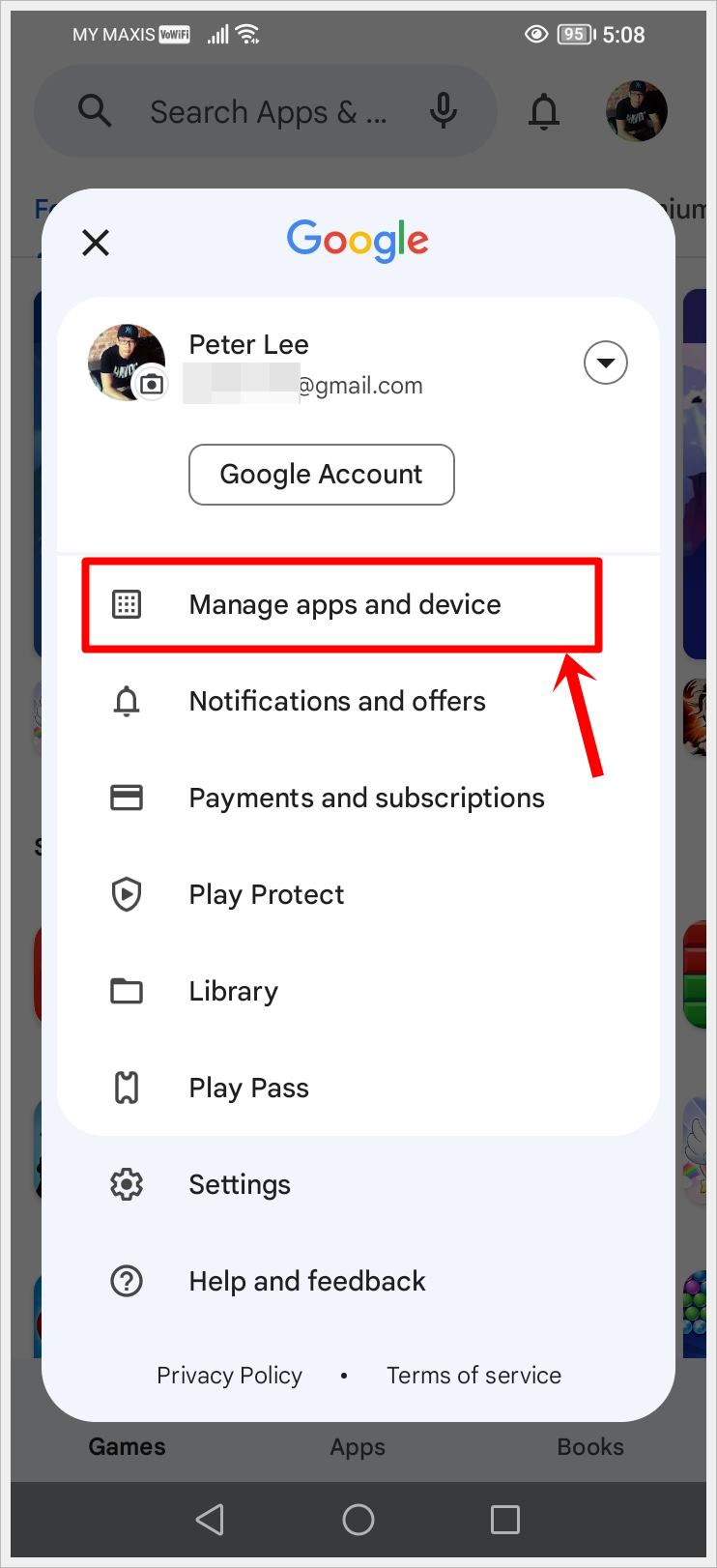 This image shows the Google Account Settings in Play Store, with the "Manage apps and device" option highlighted.