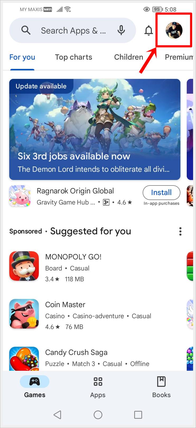 This image shows the Google Play Store app page with the user's "Google Account profile picture" in the top-right corner highlighted.
