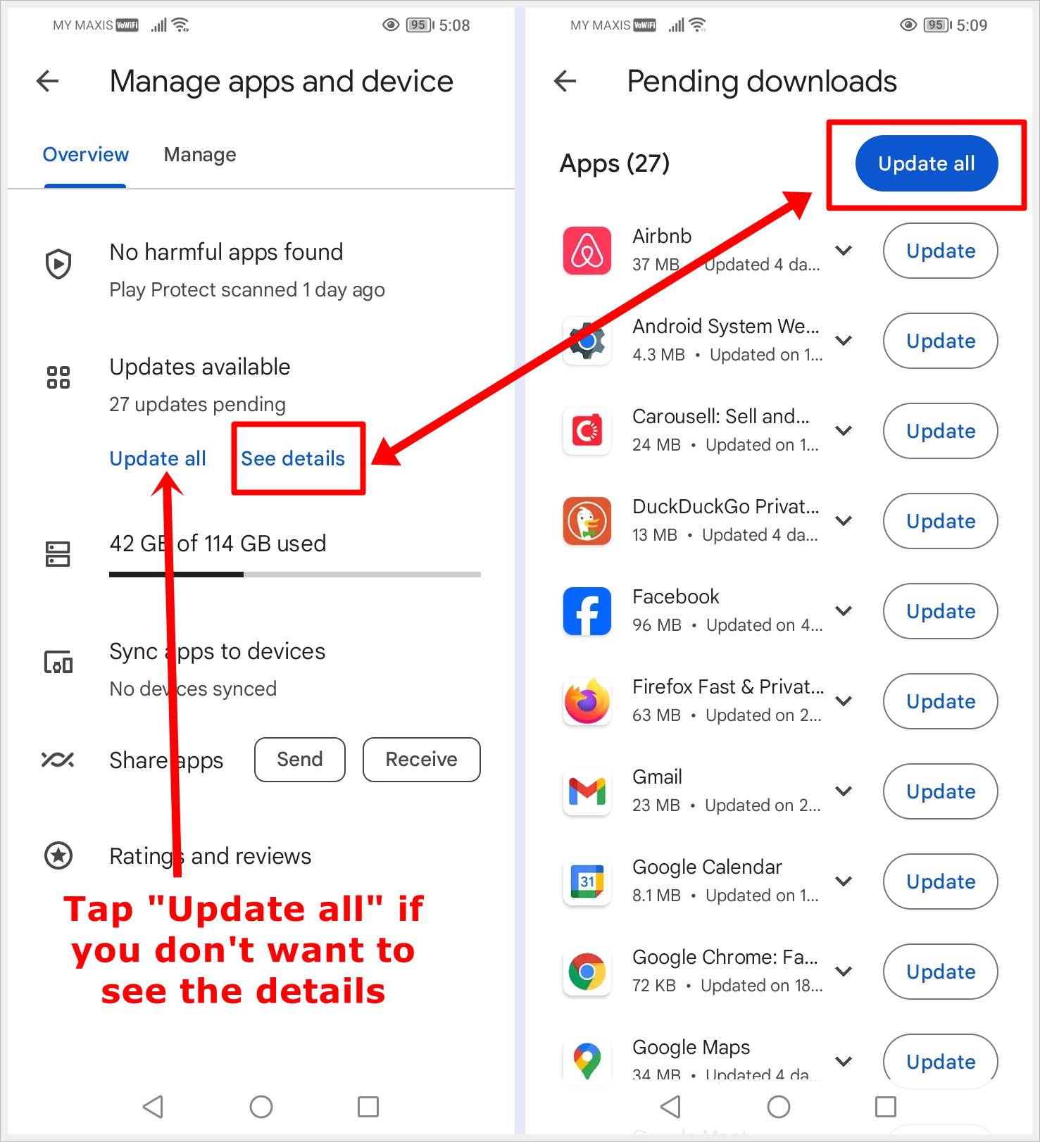 How to Fix "Google Play Services Keeps Stopping" Error: This image displays two screenshots: one showcasing the Play Store's 'Manage apps and device' page with highlighted options 'Update all' (for those who want to skip checking individual app updates) and 'See details' (for those who wish to review available updates). The second screenshot exhibits the list of apps available for updates, with emphasis on the 'Update all' button.