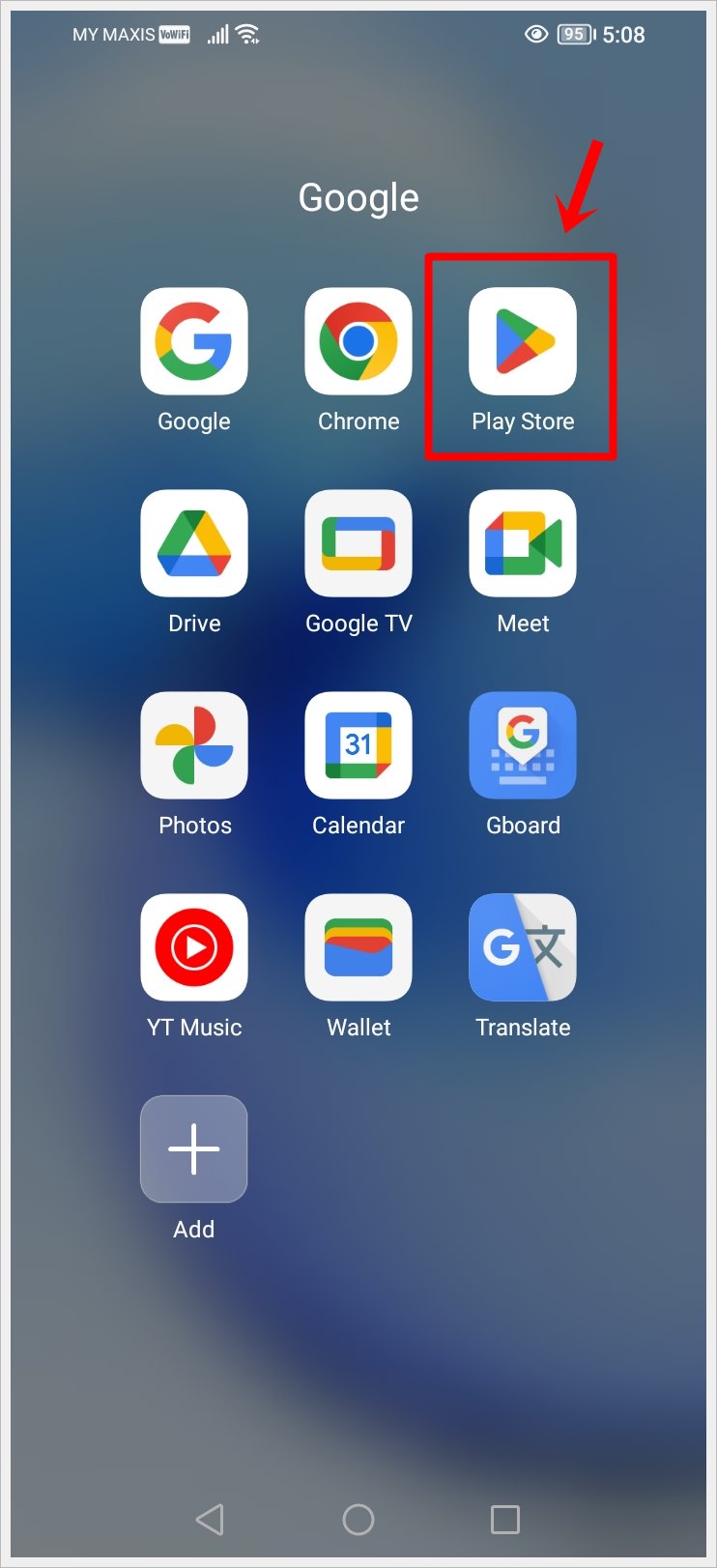 This image shows a screenshot of an Android phone with the Google Play Store icon highlighted.