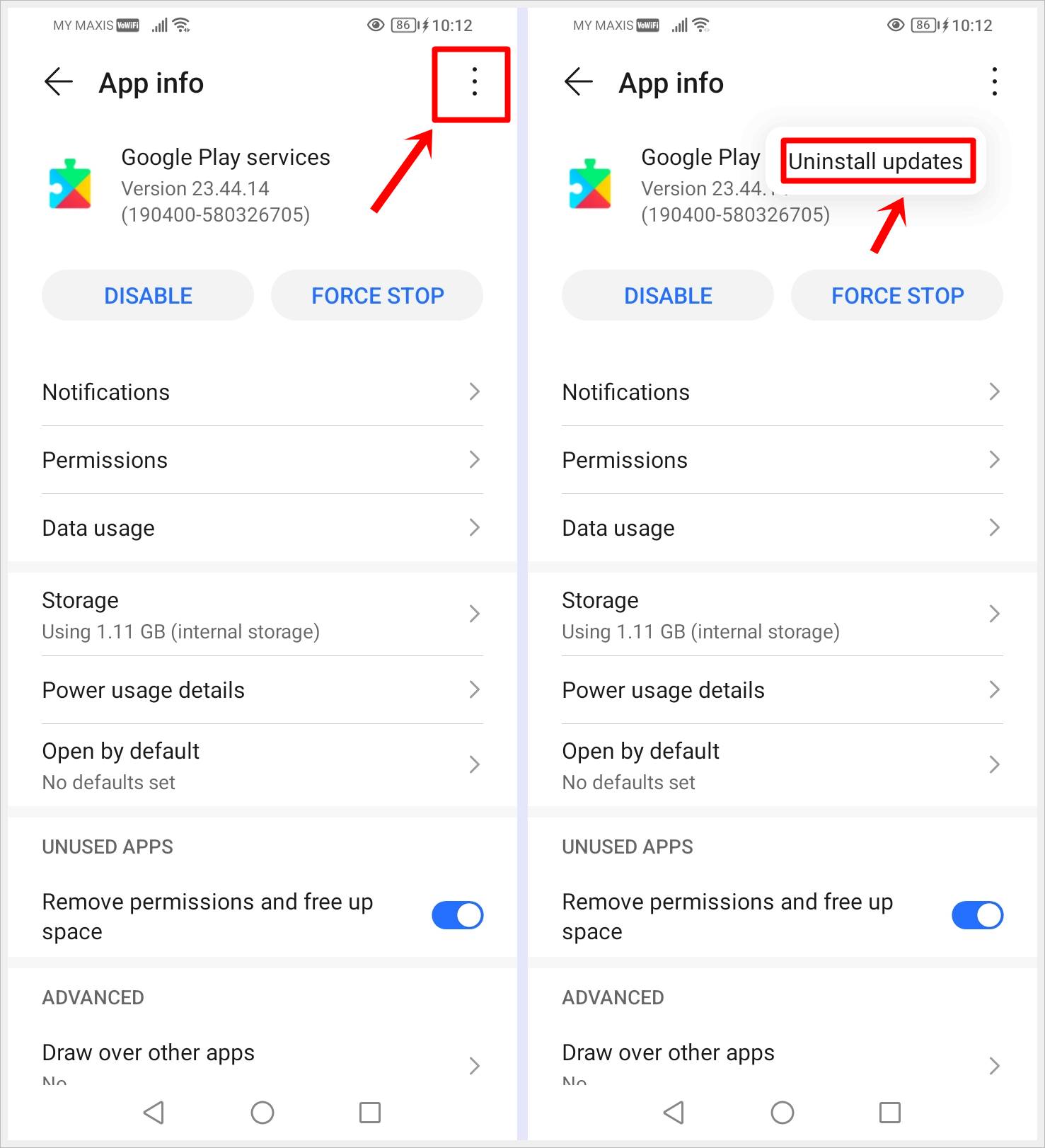 How to Fix "Google Play Services Keeps Stopping" Error: This image shows 2 screenshots of the same page: One shows the Google play services app info with the 3-Vertical-Dots in the top-right highlighted, while the other shows the same page with the "Uninstall updates" option highlighted.