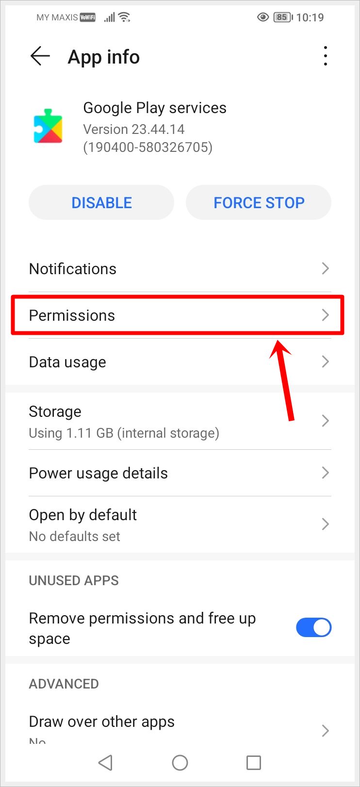 This image shows the Google Play Services App info page, with the "Permissions" option highlighted.