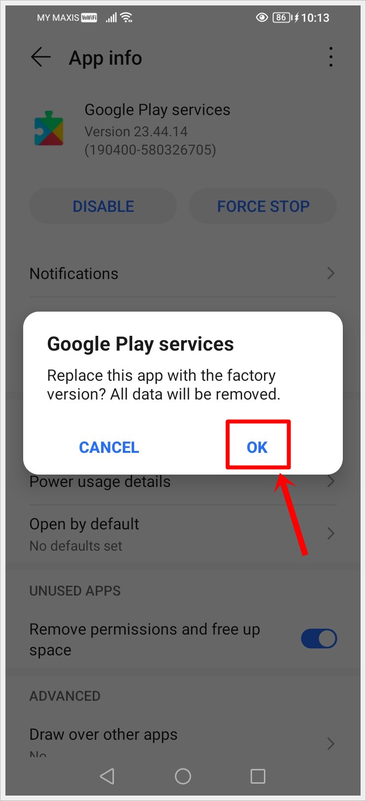 How to Fix "Google Play Services Keeps Stopping" Error: This image shows a confirmation alert for uninstalling updates in Google Play Services, and within that context, the "OK" option is highlighted.