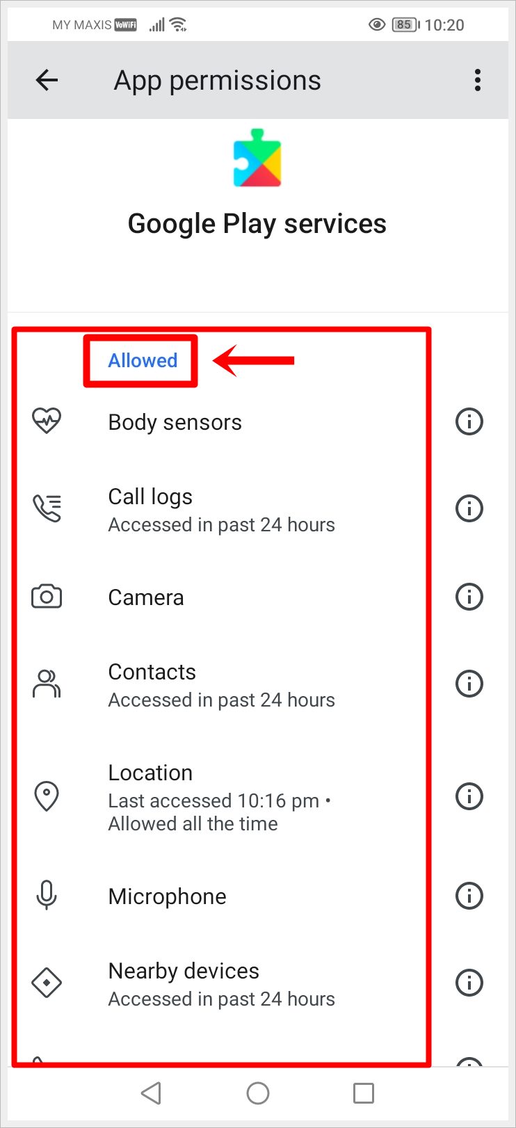 How to Fix "Google Play Services Keeps Stopping" Error: This image shows the Google Play Services App permissions page. The permissions allowed are highlighted.