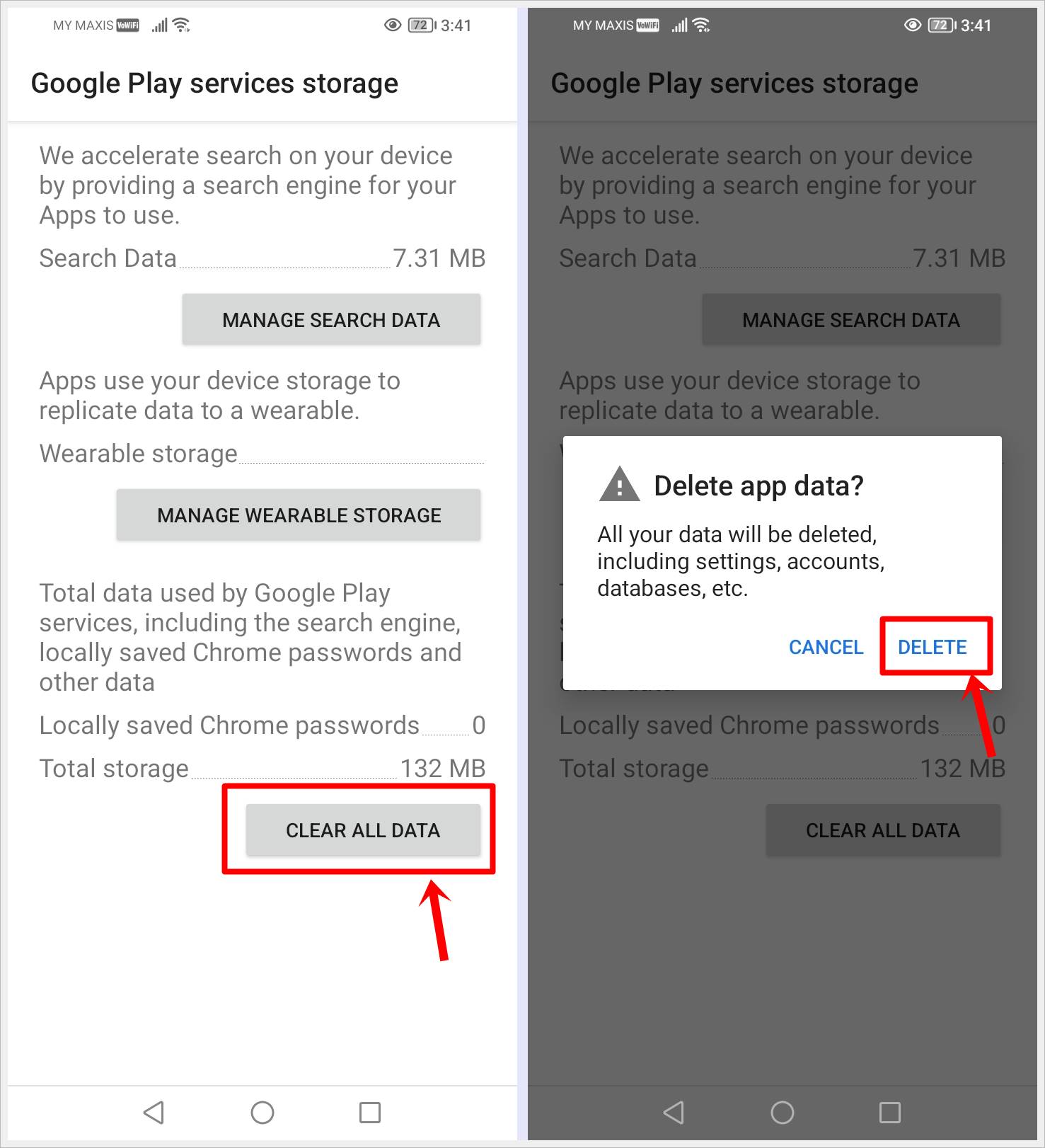 How to Fix "Google Play Services Keeps Stopping" Error: This image displays two screenshots: one revealing the Google Play Services storage page with the 'CLEAR ALL DATA' button highlighted, and the other depicting an alert notification seeking confirmation of the action, with the 'Delete' option highlighted.