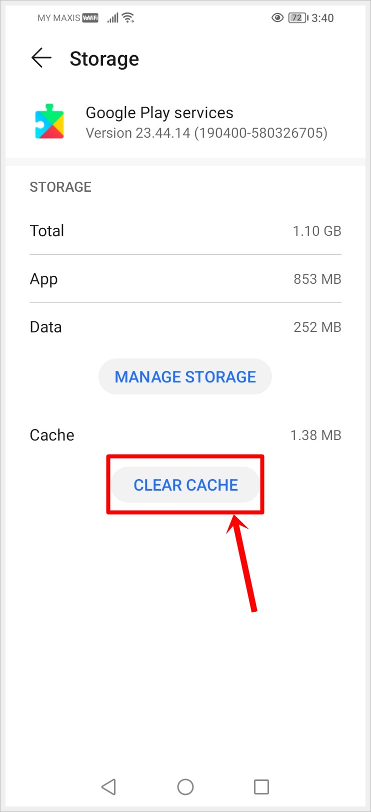 How to Fix "Google Play Services Keeps Stopping" Error: This image shows the Storage page of the 'Google play services' app. The 'CLEAR CACHE' button is highlighted.