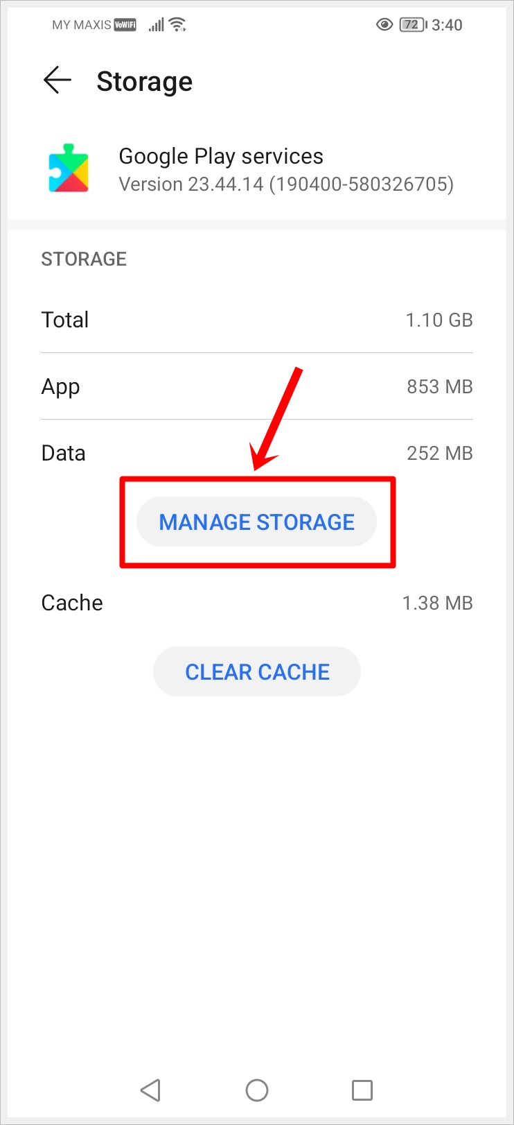 This image shows the Storage page of the 'Google play services' app. The 'MANAGE STORAGE' button is highlighted.
