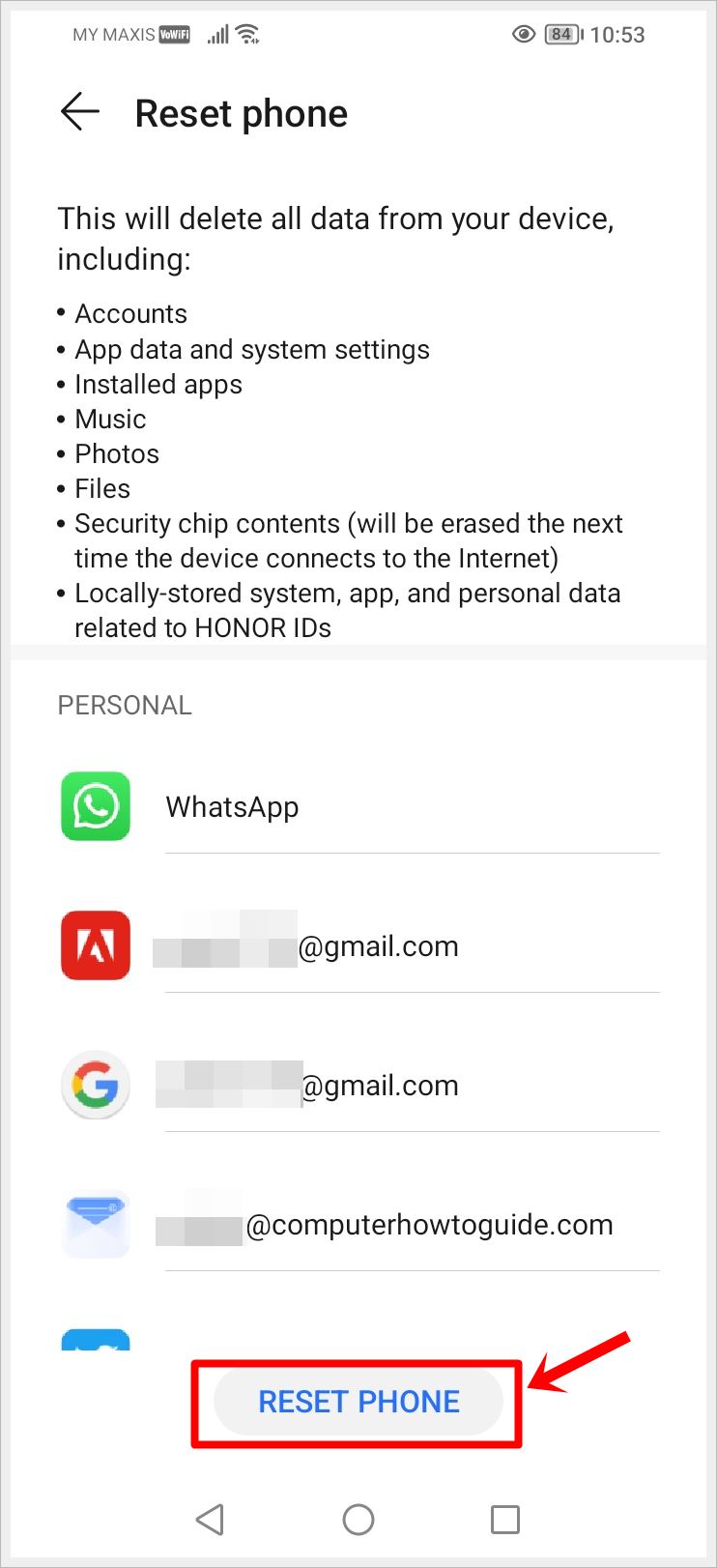 Perform a Factory Reset to Fix an Android Phone That Keeps Restarting: This image shows the 'Reset phone' page of an Android phone, with the 'Confirm Resetting Phone' button highlighted.