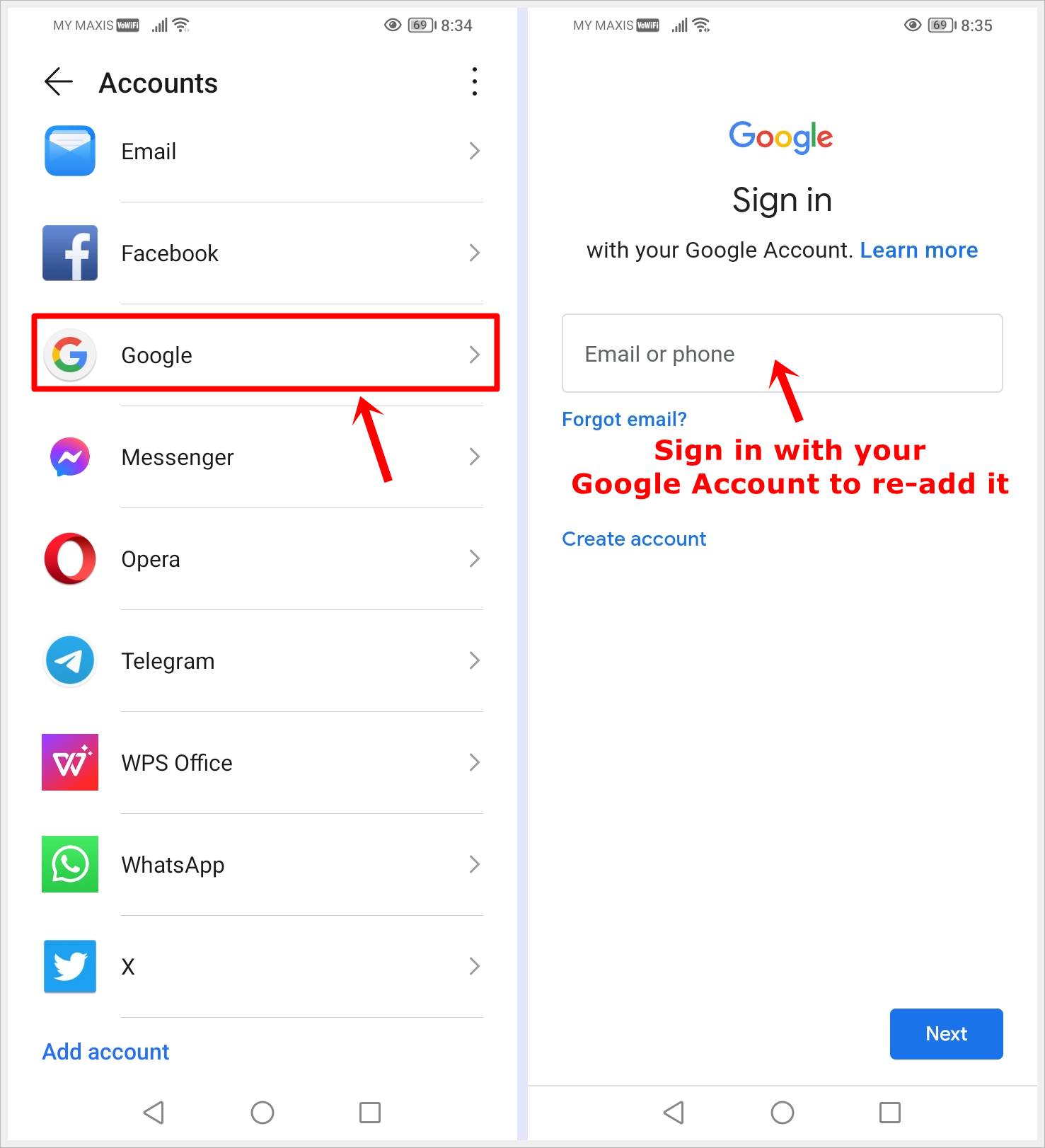 How to Fix "Google Play Services Keeps Stopping" Error: This image displays two screenshots of an Android phone: one featuring the "Accounts" page with the "Google" option highlighted, while the other shows the Google Account sign-in page.