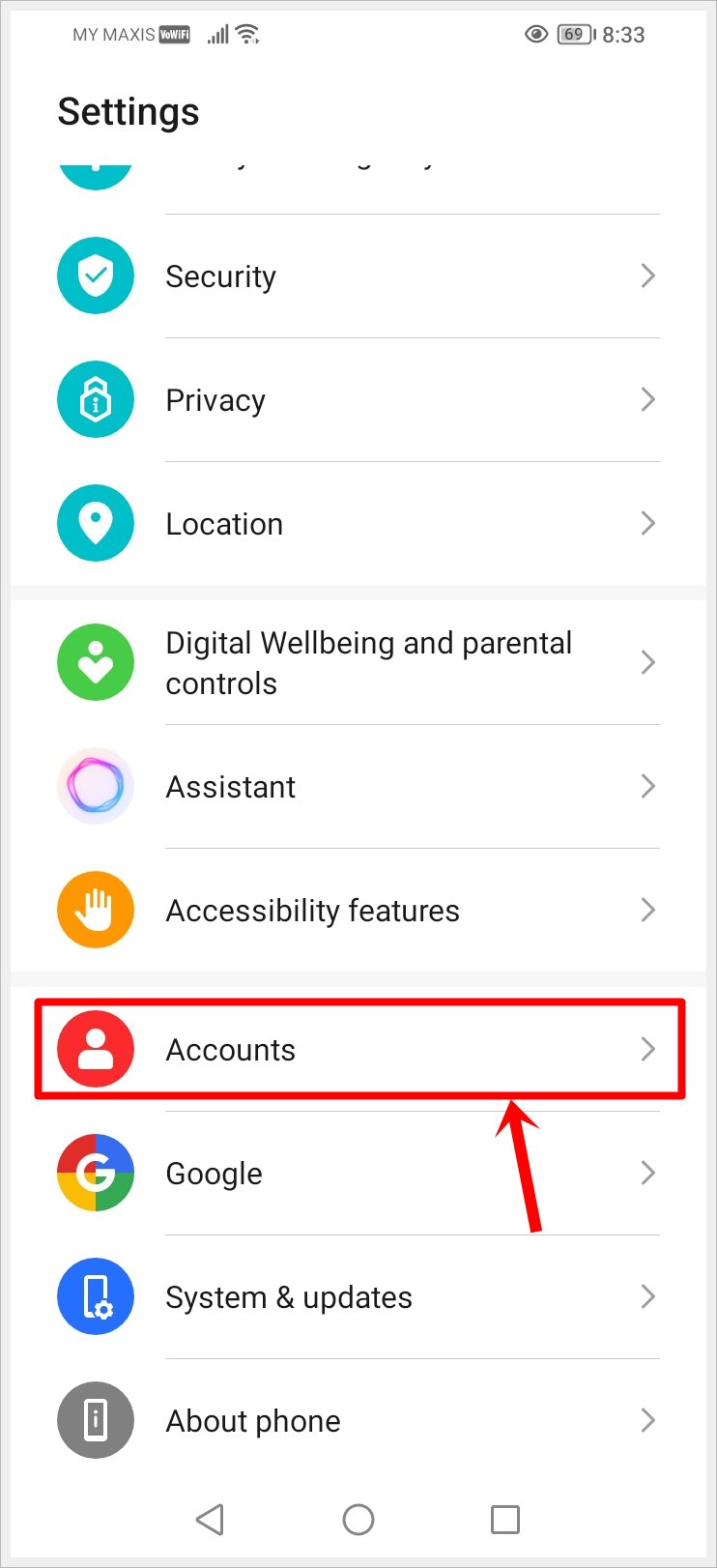 This image shows the Settings menu of an Android phone, with the "Accounts" option highlighted.