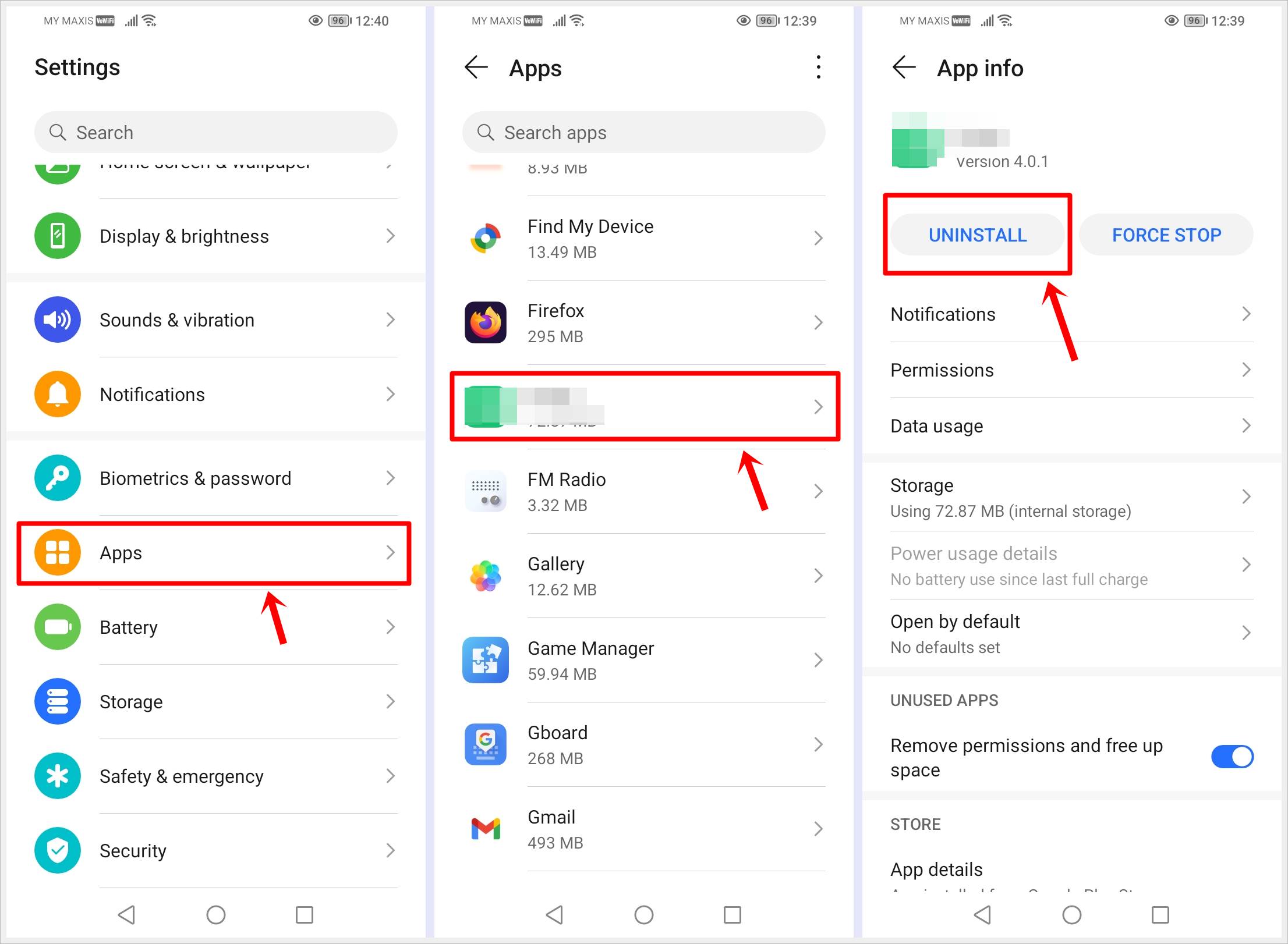 Identify and Uninstall Apps in Safe Mode to Fix an Android Phone That Keeps Restarting: This image displays three screenshots of an Android phone: the first is the 'Settings' page with the 'Apps' option highlighted, the second is the 'Apps' page with one of the installed apps highlighted, and the third is the 'App Info' page with the 'Uninstall' button highlighted.