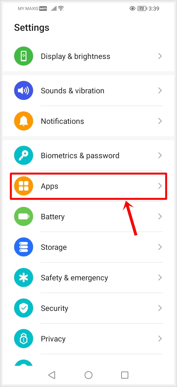 This image shows the Settings screen of an Android phone, with the Apps option highlighted.