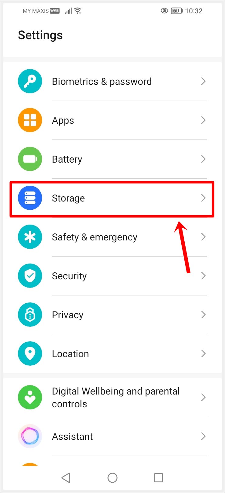 This image shows a screenshot of an Android phone's Setting menu, with the 'Storage' option highlighted.