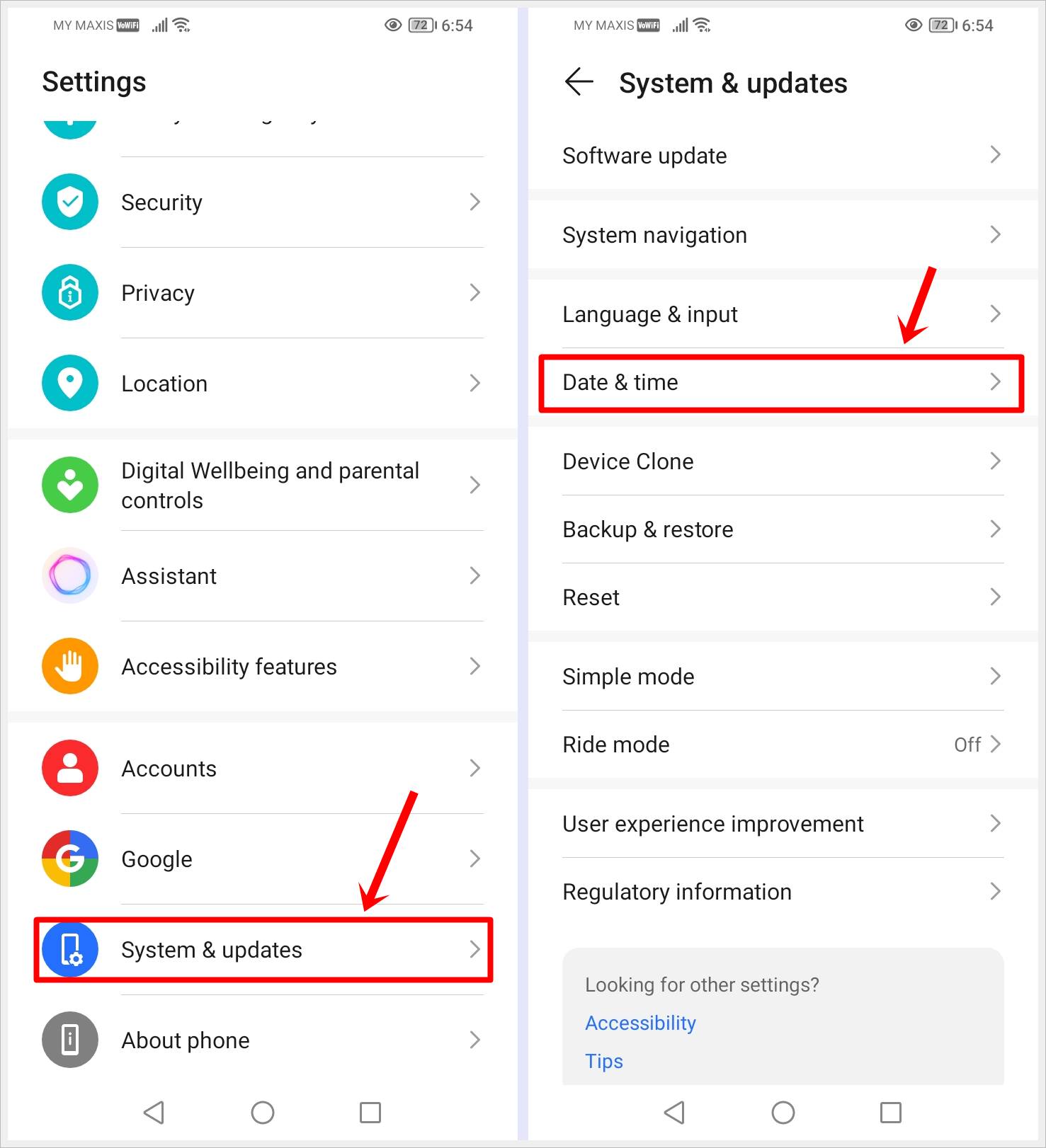 This image shows 2 screenshots: One shows the Android Settings menu with the "System & updates" option highlighted, the other shows the "System & updates" page with the "Date & time" option highligted.