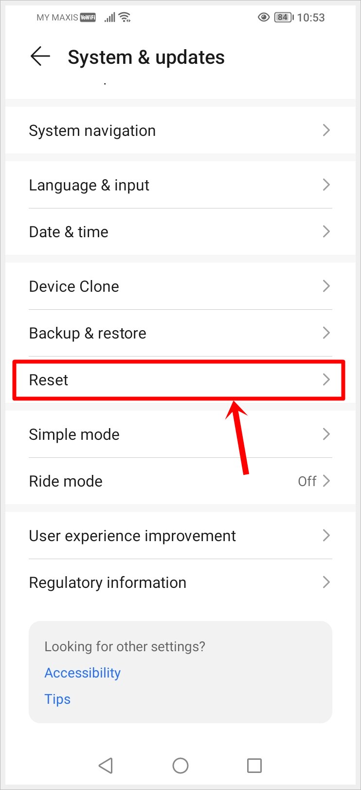 This image shows the "System & updates" page of an Android phone, with the "Reset" option highlighted.