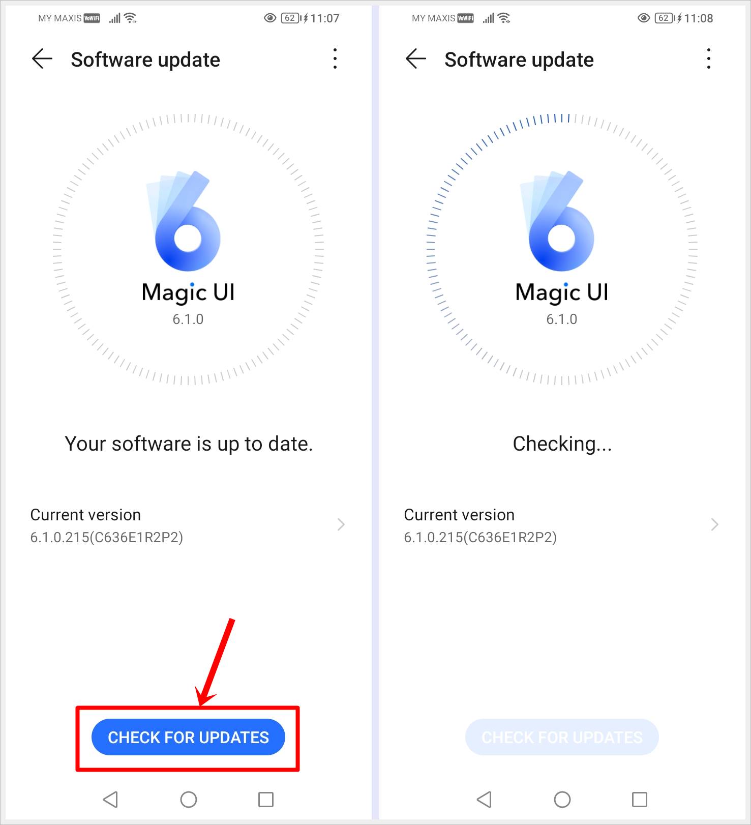 Update Android OS to Fix an Android Phone That Keeps Restarting: This image displays two screenshots of the Android phone's 'Software Update' page. In the first, the 'Check for Updates' button is highlighted. The second screenshot shows the progress of checking for any available software updates.