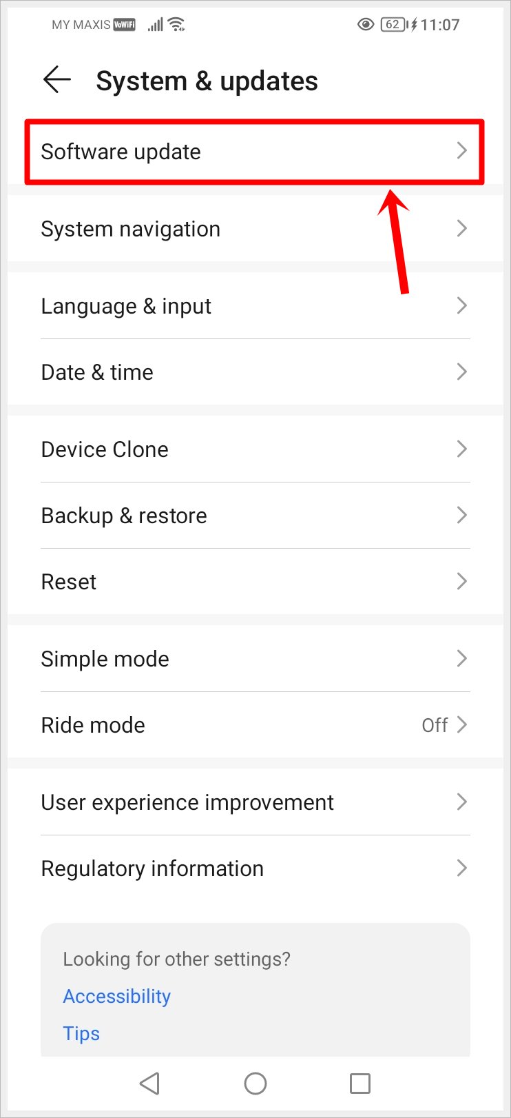 This image shows a screenshot of the 'System & Updates' page of an Android phone, with the 'Software Update' option highlighted.