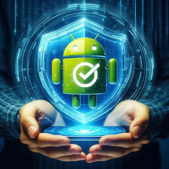 This image shows a man's hands holding a device, with an Android logo protected by a shield hovering on top of the device.