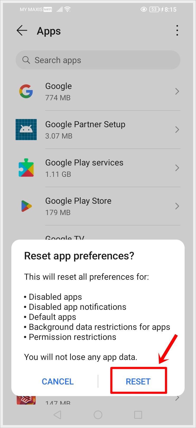 How to Fix "Google Play Services Keeps Stopping" Error: This image shows the "Apps" page on an Android phone. A "Reset app preferences" confirmation alert is shown with its "RESET" button highlighted.
