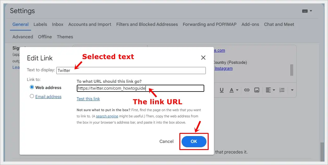 This image displays an 'Edit Link' pop-up alert. It reveals that 'Twitter' is the designated text to display, linked to a specific URL. The highlighted 'OK' button in the bottom-right corner confirms the changes.